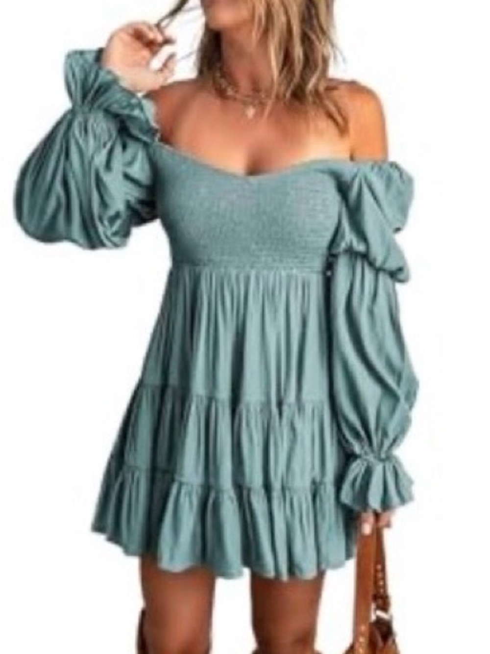Smocked Tiered Mini Dress in Pale Bluish Green
